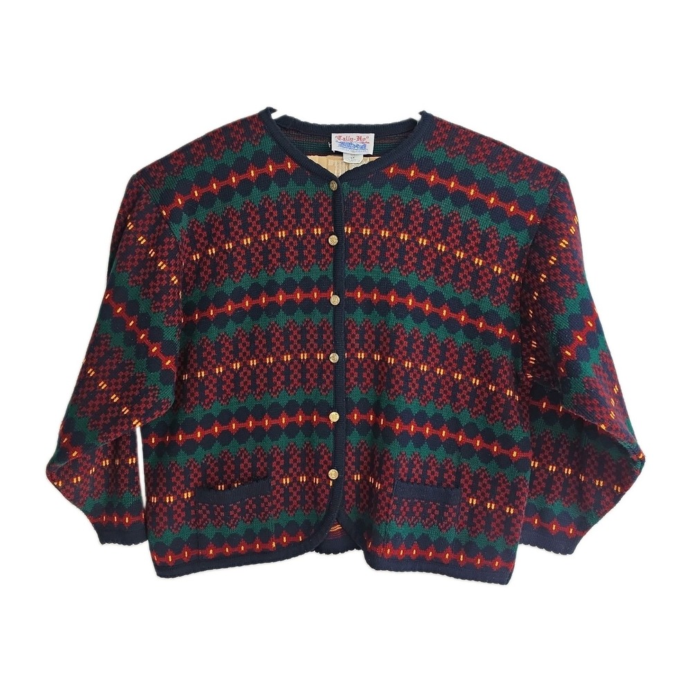 VTG Tally-Ho Fair Isle Cardigan Sweater Women's 3X Green/Blue/Burgundy